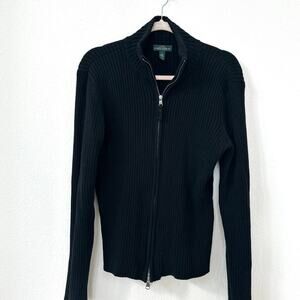 Lauren Ralph Lauren Zip Up Sweater Women Black Cotton L Classic Minimalist